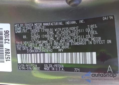 2014 Toyota Sienna Le V6 8 Passenger из США, поврежденный, VIN 5TDKK3DC2ES478143